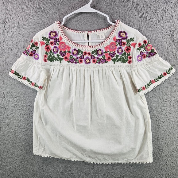 Caslon Tops - Caslon Womens XS Embroidered Floral Boho‎ Blouse White Short Sleeve Pom Pom Trim
